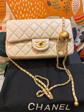 Chanel Classic Flap Bag with Adjustable Gold Ball Chain, White Lambskin